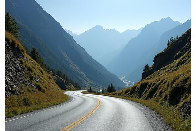 Scenic view of an empty winding mountain road through the Swiss Alps, illustrating a pass or tunnel