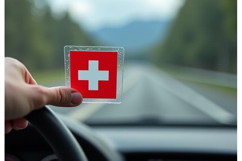 Person applying a physical Swiss motorway vignette sticker to a car windshield